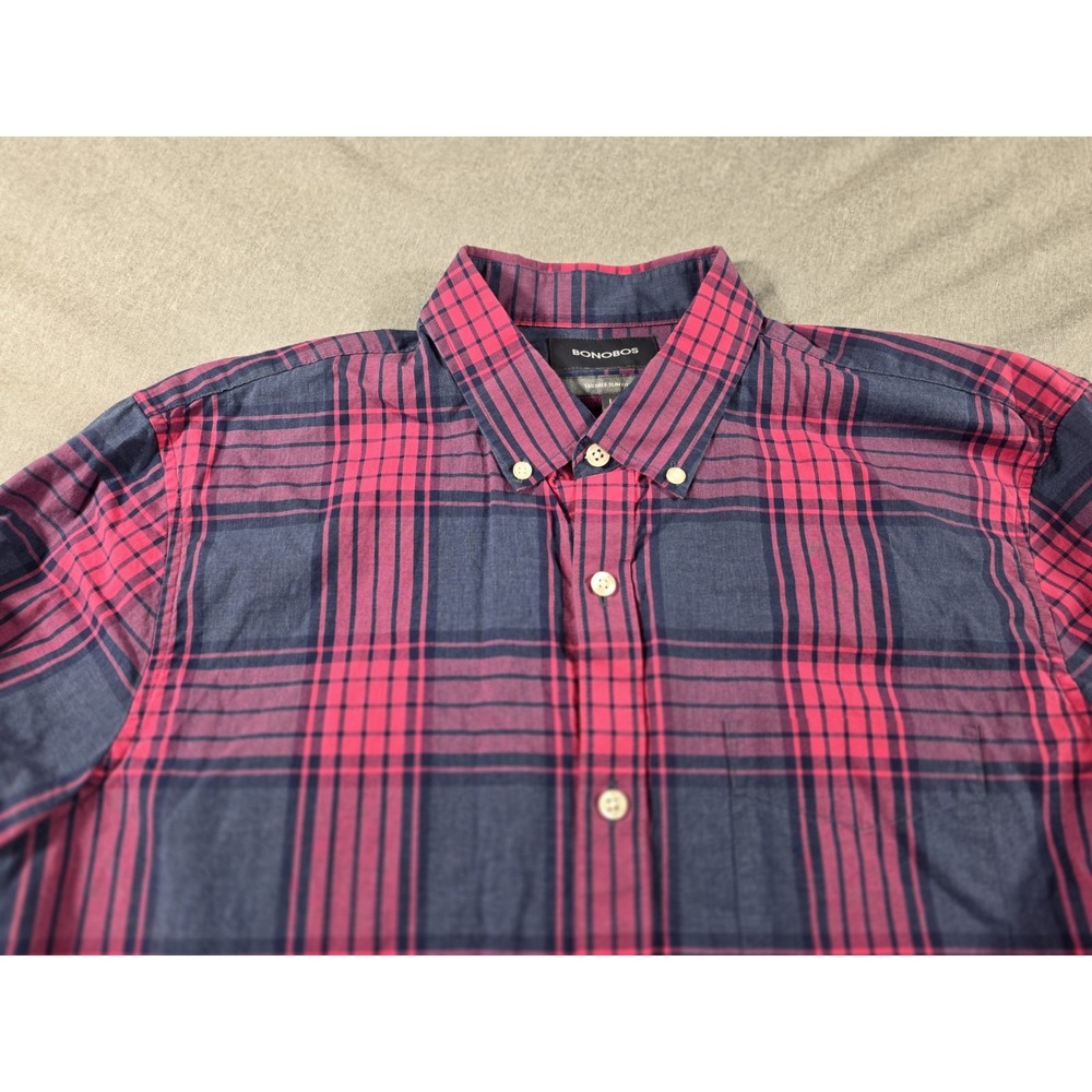 Bonobos Shirt‎ Mens Large Button Up Tailored Slim Fit Purple Pink Blue Plaid